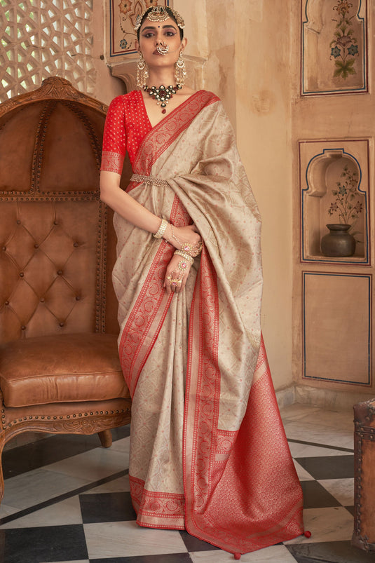 Beige Color Weaving Work Art Silk Fabric Function Wear Saree