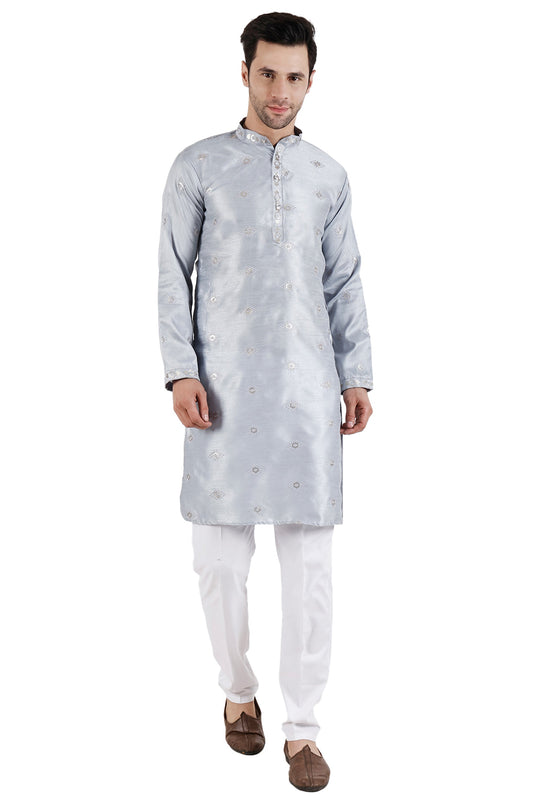 Fancy Grey Color Art Silk Fabric Function Wear Readymade Kurta Pyjama