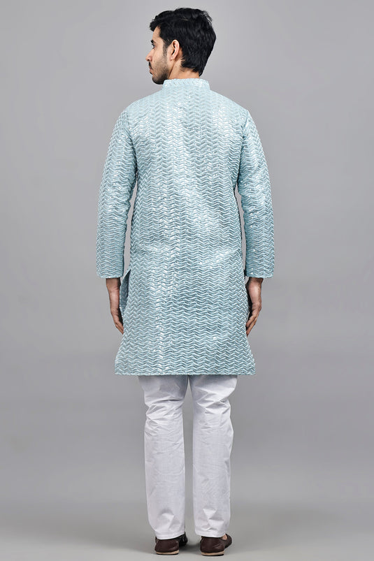 Appealing Light Cyan Color Art Silk Fabric Function Wear Readymade Kurta Pyjama For Men