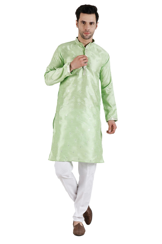 Moss Sea Green Color Art Silk Fabric Function Wear Readymade Men Kurta Pyjama