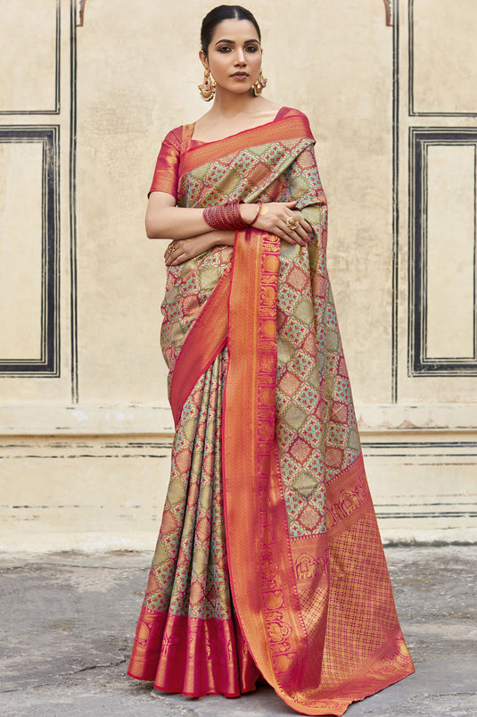 Attentive Multi color Silk Weave Saree With Sleeveless Blouse And Fancy  Patola Design