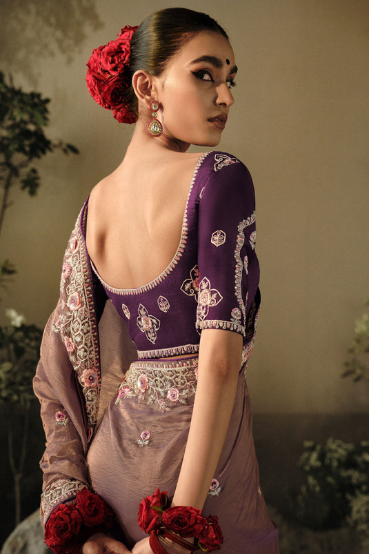 Purple Color Art Silk Fabric Festive Wear Embroidered Border Work Saree With Designer Blouse