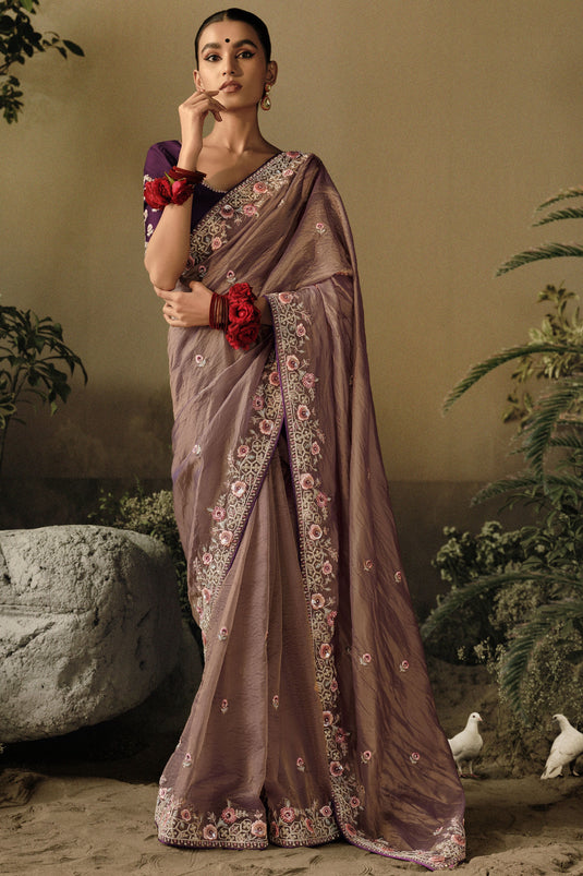 Purple Color Art Silk Fabric Festive Wear Embroidered Border Work Saree With Designer Blouse