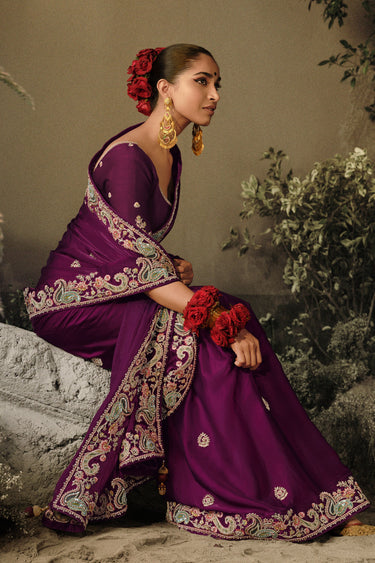 Purple Color Festive Wear Art Silk Fabric Embroidered Border Work Saree With Designer Blouse
