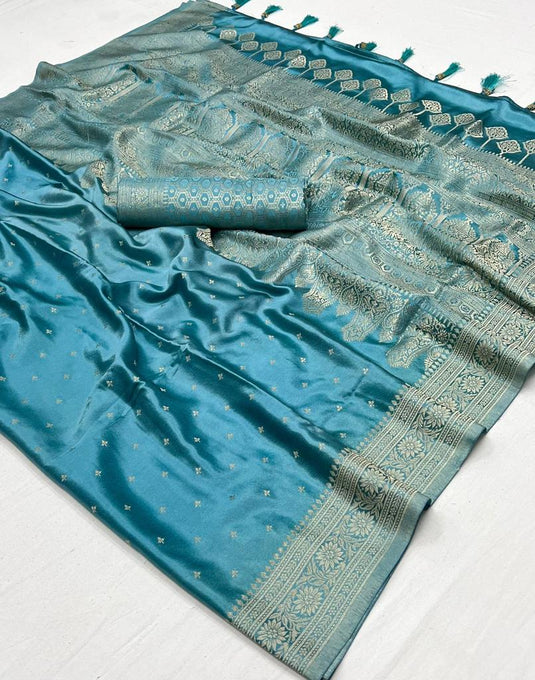 Sky Blue Color Weaving Work Festive Wear Satin Silk Fabric Saree