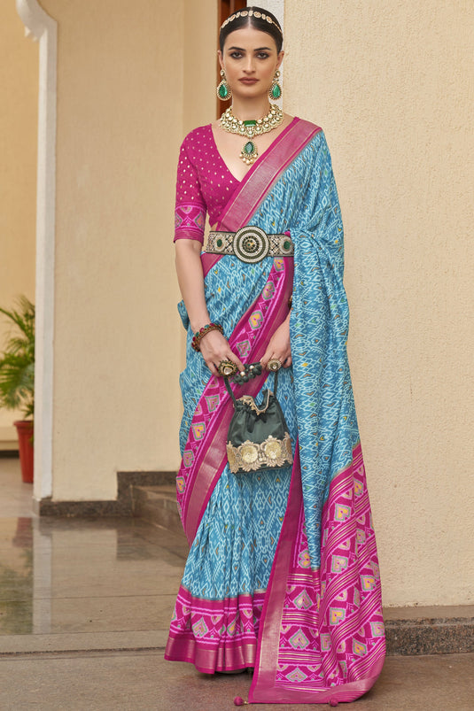 Attractive Cyan Color Printed Patola Silk Saree