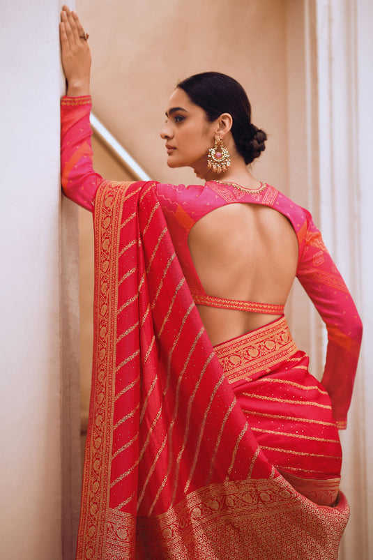 Party Style Weaving Work On Art Silk Saree In Red Color