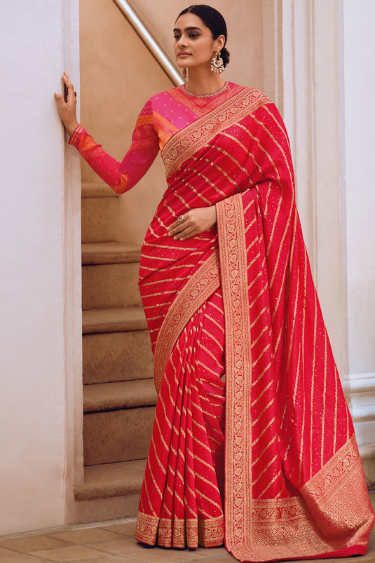 Party Style Weaving Work On Art Silk Saree In Red Color