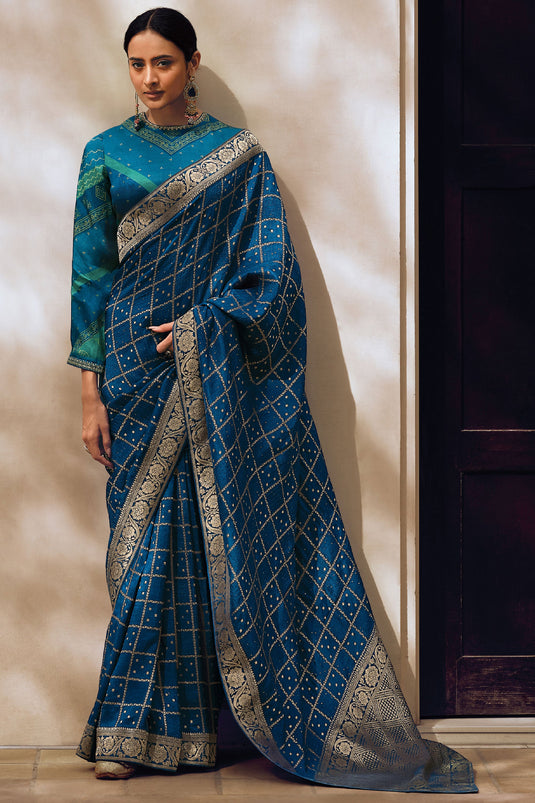Weaving Work On Teal Color Party Style Art Silk Saree