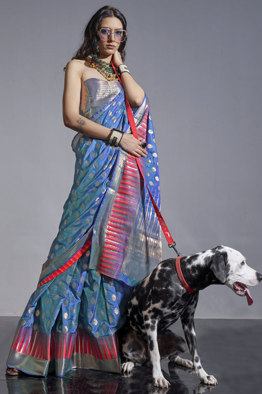 Teal Color Handloom Weaving Function Wear Art Silk Fabric Saree