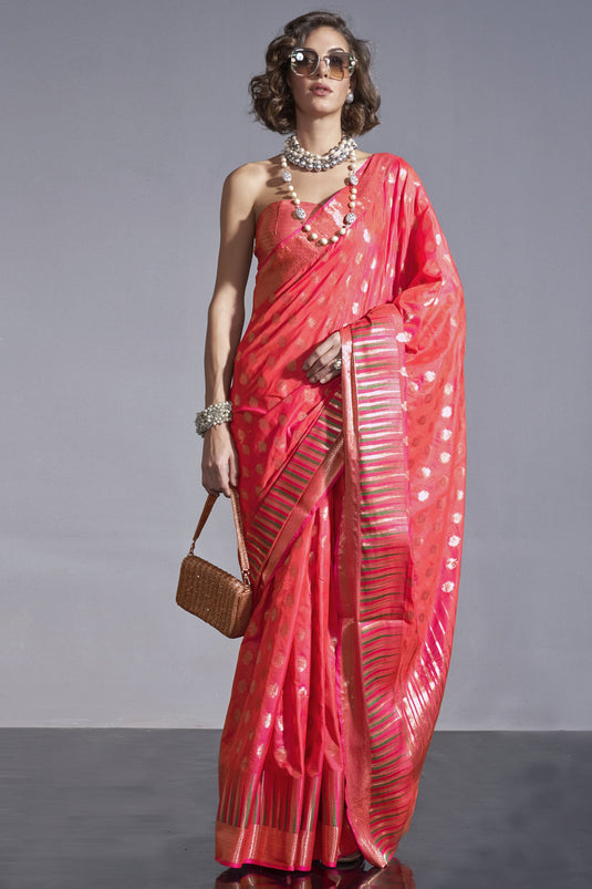 Art Silk Fabric Pink Color Handloom Weaving Saree