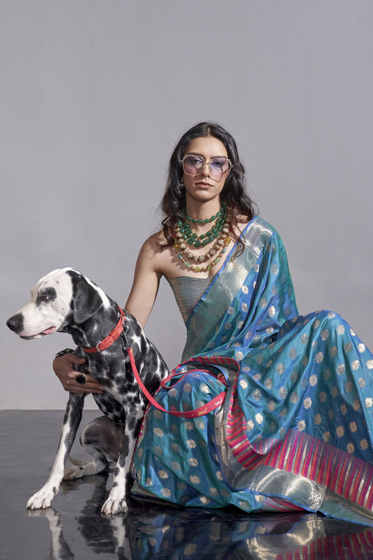 Blue Art Silk Fabric Fancy Handloom Weaving Saree