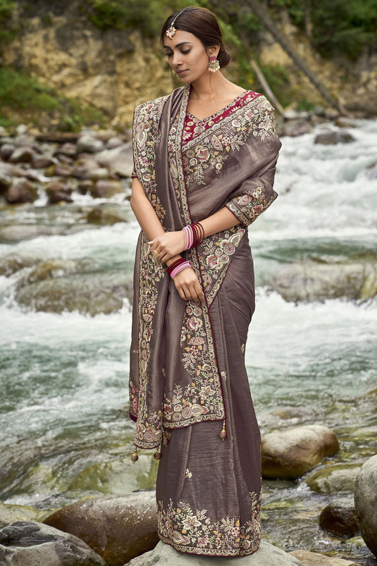 Engaging Brown Color Fancy Silk Fabric Saree With Embroidered Work