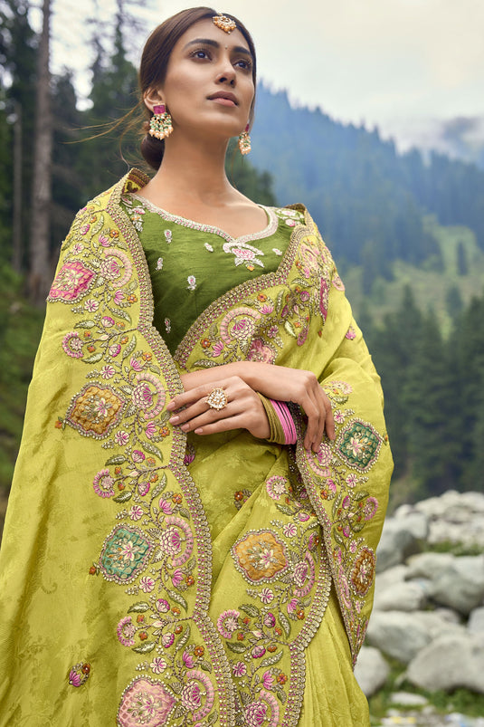 Amazing Green Color Fancy Silk Fabric Saree With Embroidered Work