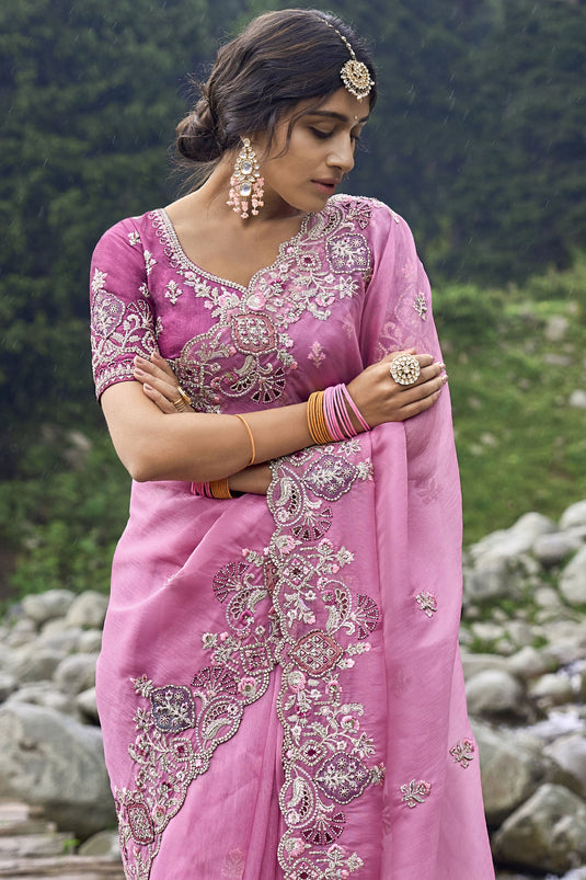 Embroidered Work Pink Color Fancy Silk Fabric Beauteous Saree
