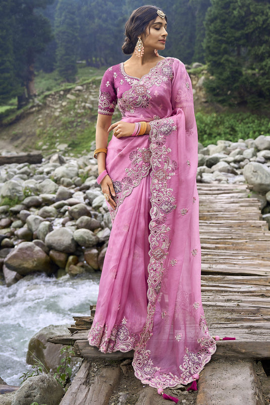 Embroidered Work Pink Color Fancy Silk Fabric Beauteous Saree