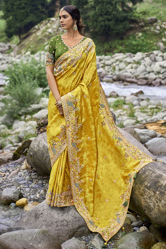 Yellow Color Embroidered Work On Engaging Fancy Silk Fabric Saree