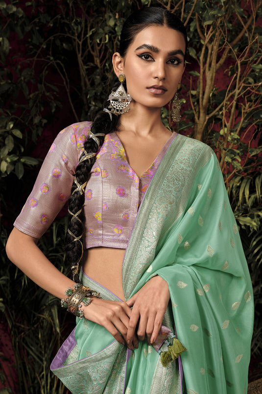 Function Wear Sea Green Color Weaving Work Saree In Viscose Silk Fabric