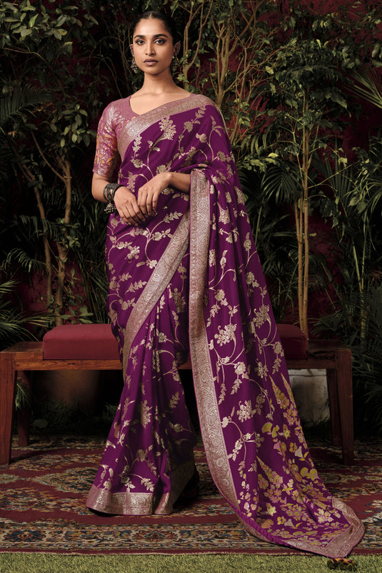 Purple Color Weaving Work On Viscose Silk Party Wear Saree