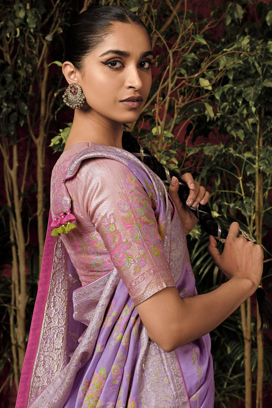 Weaving Designs On Lavender Color Viscose Silk Function Wear Saree