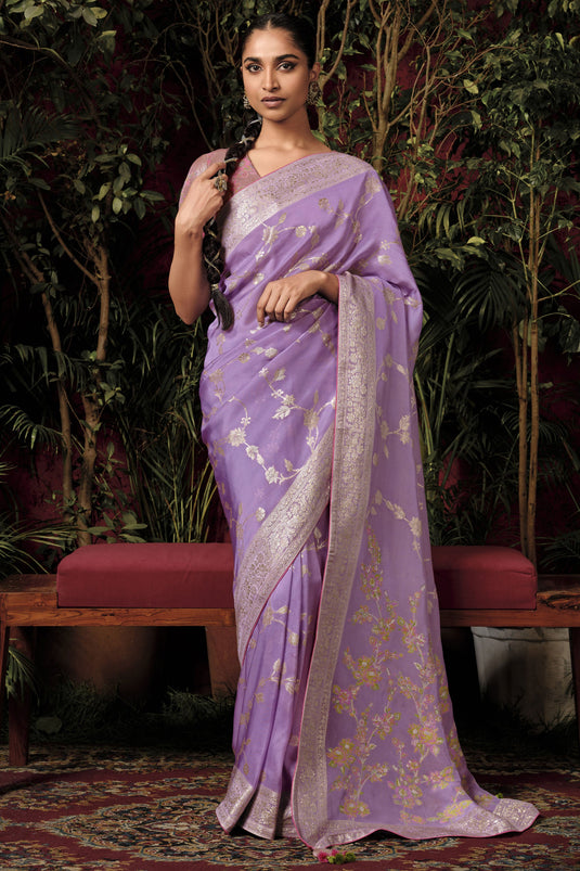 Weaving Designs On Lavender Color Viscose Silk Function Wear Saree