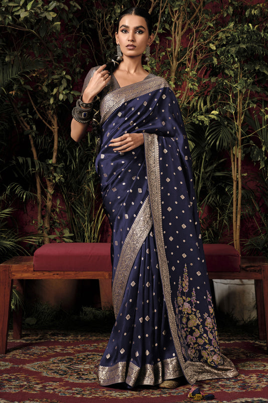 Navy Blue Color Viscose Silk Traditional Wear Saree With Weaving Work
