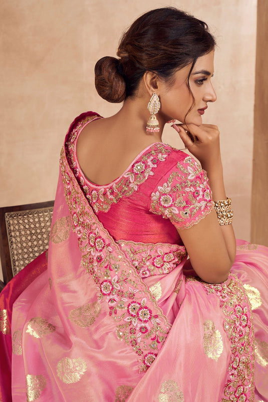 Awesome Embroidered Designs On Art Silk Fabric Saree In Pink Color