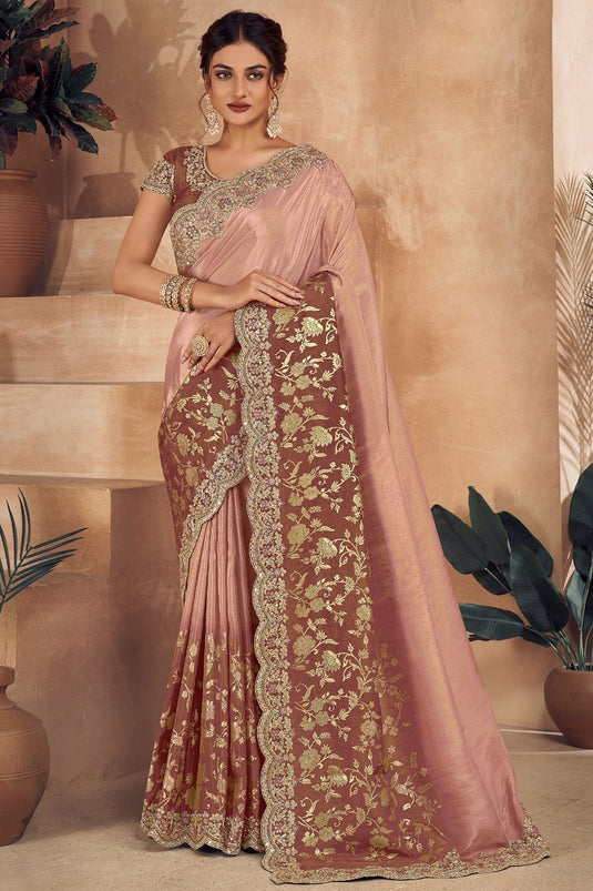 Appealing Embroidered Designs On Art Silk Fabric Saree In Peach Color