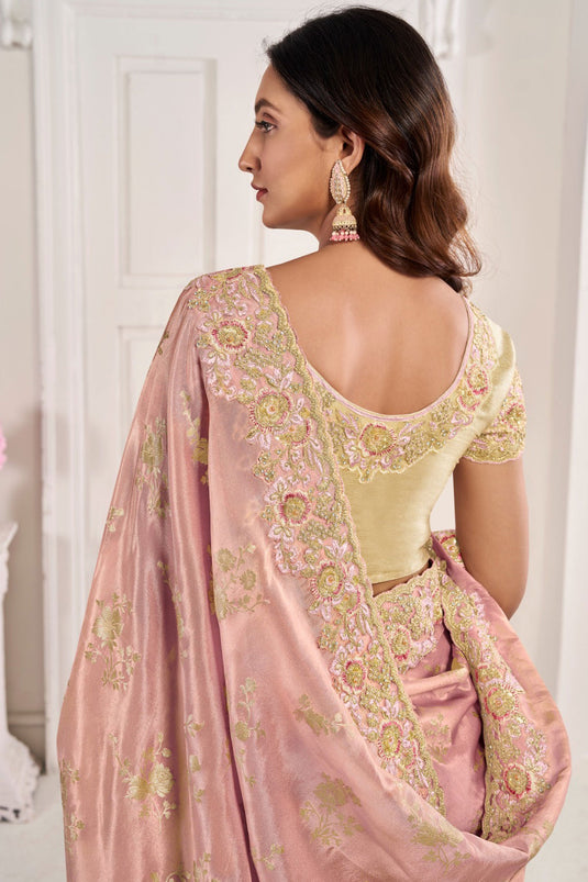Imperial Pink Color Art Silk Fabric Saree With Embroidered Designs