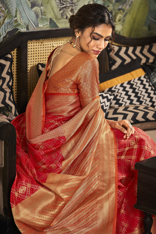 Weaving Designs On Flamboyant Festive Look Art Silk Saree In Red Color