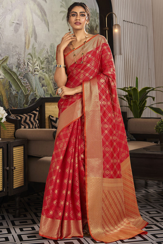 Weaving Designs On Flamboyant Festive Look Art Silk Saree In Red Color