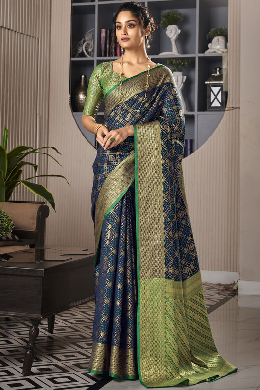 Weaving Designs On Awesome Festive Look Art Silk Saree In Navy Blue Color