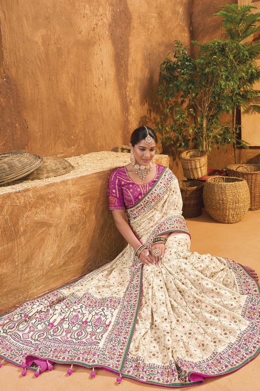 Embellished Cream Color Kachhi Work Banarasi Silk Saree