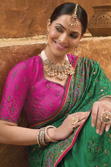 Green Color Fascinating Kachhi Work Banarasi Silk Saree