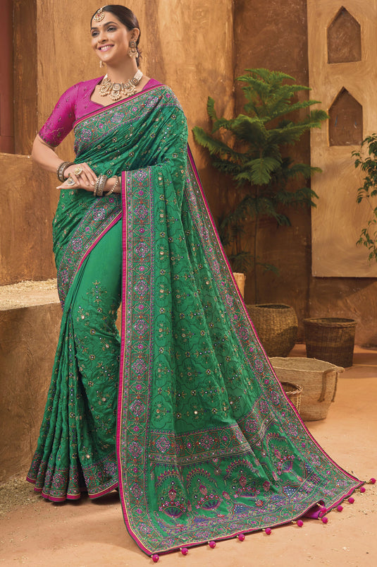 Green Color Fascinating Kachhi Work Banarasi Silk Saree