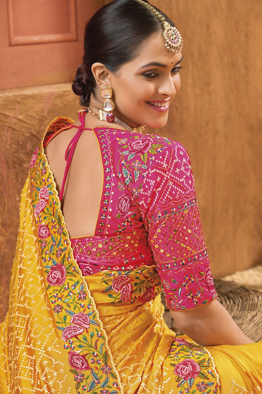 Mustard Color Charismatic Kachhi Work Banarasi Silk Saree