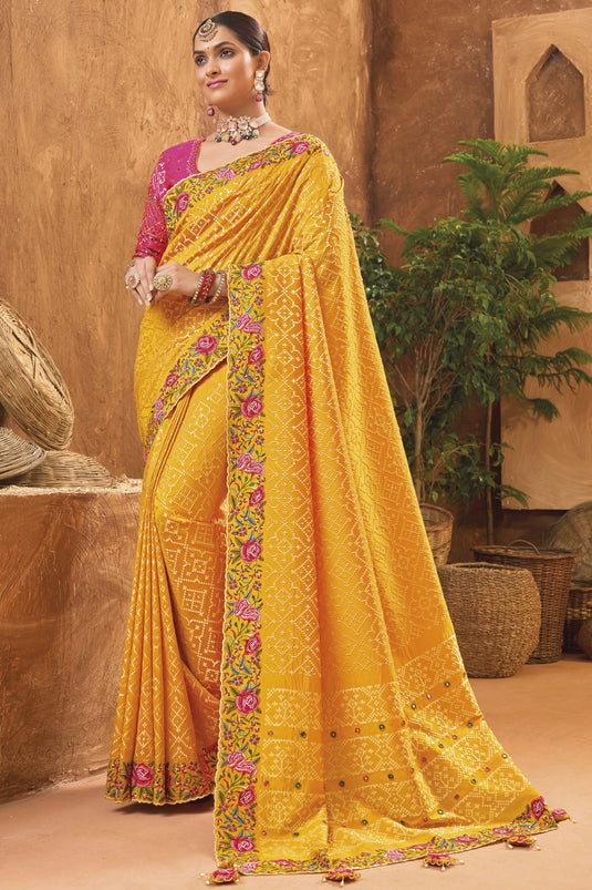Mustard Color Charismatic Kachhi Work Banarasi Silk Saree