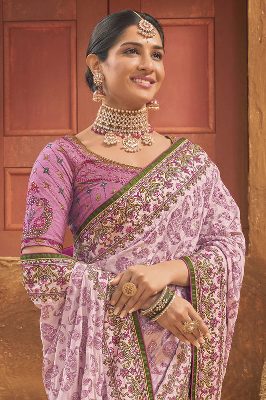 Ingenious Kachhi Work Pink Color Banarasi Silk Saree