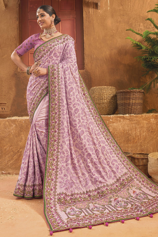 Ingenious Kachhi Work Pink Color Banarasi Silk Saree