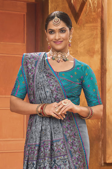 Phenomenal Kachhi Work Grey Color Banarasi Silk Saree