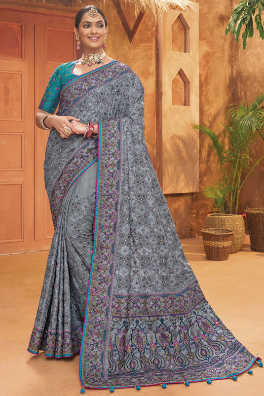 Blue Kachchi Embroidery Work Saree in Silk with Contrast Border and...