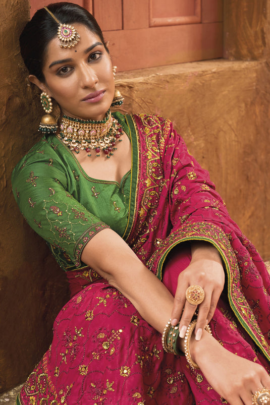 Glamorous Rani Color Kachhi Work Banarasi Silk Saree