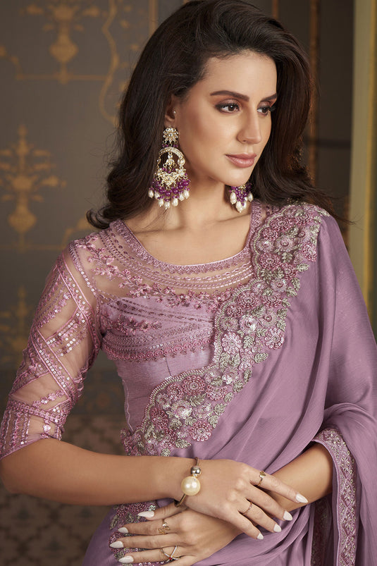 Lavender Color Border Work On Satin Silk Fabric Stunning Sangeet Wear Saree