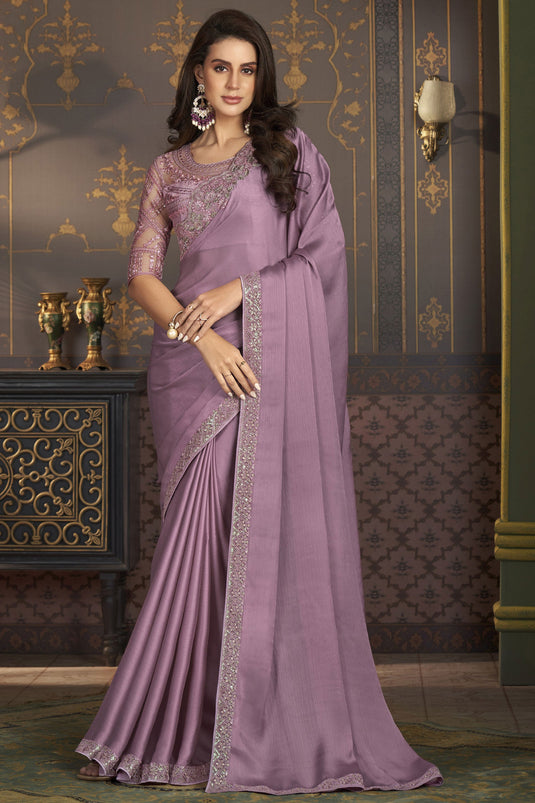 Lavender Color Border Work On Satin Silk Fabric Stunning Sangeet Wear Saree