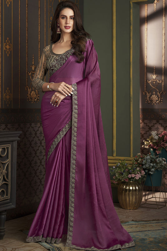 Beguiling Border Work On Purple Color Chiffon Silk Fabric Sangeet Wear Saree