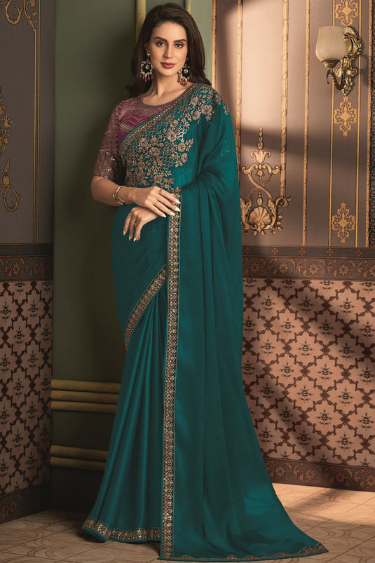 Glamorous Teal Color Border Work Art Silk Saree