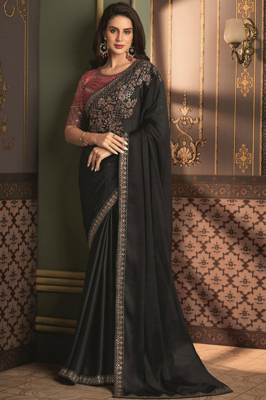 Black Color Gorgeous Border Work Art Silk Saree