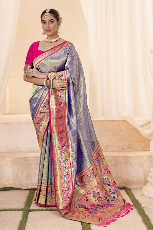 Blazing Blue Color Function Wear Handloom Silk Saree