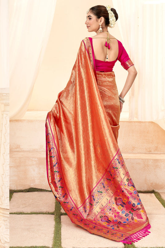 Function Wear Attractive Handloom Silk Saree In Orange Color