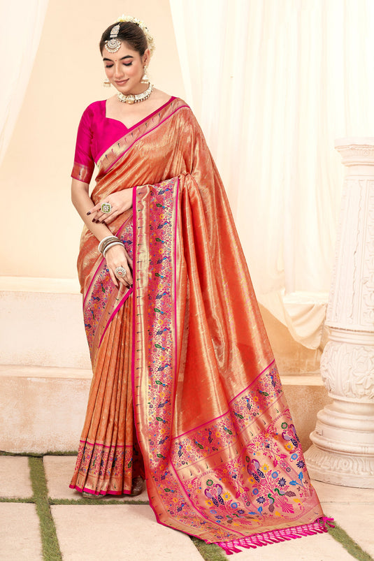 Function Wear Attractive Handloom Silk Saree In Orange Color